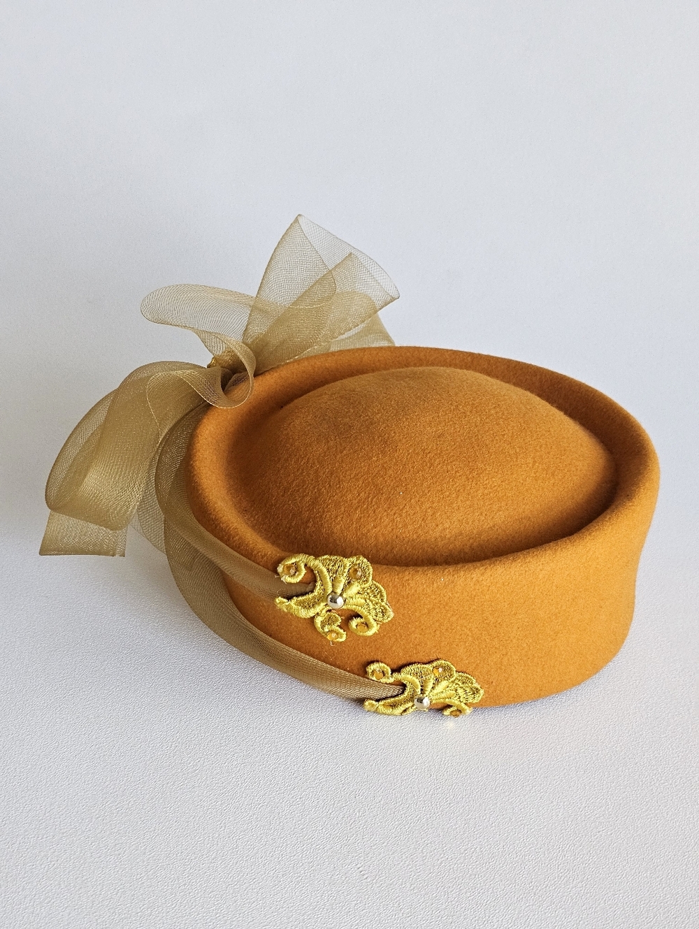 Vintage Mr Hi’s Classic Wool Pillbox Hat Mustard Gold Bow Formal Church Derby